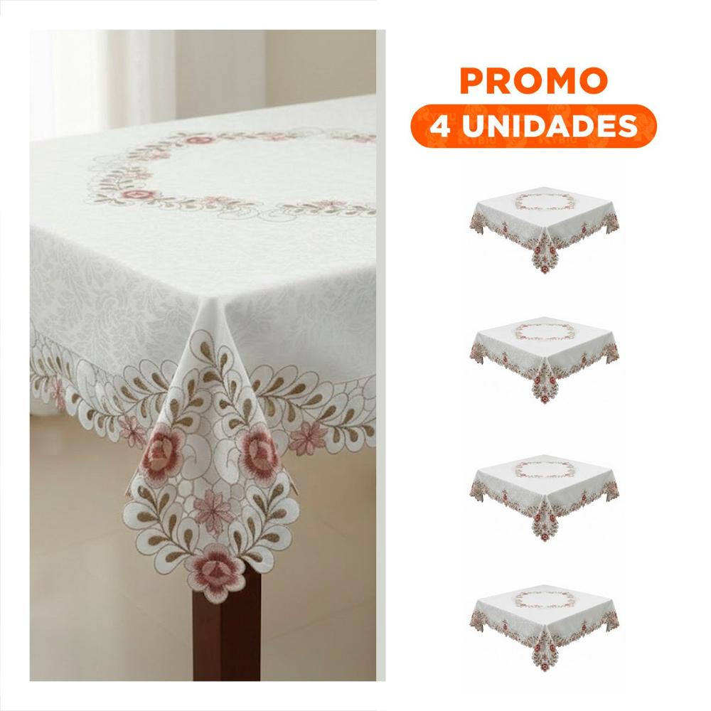 Pack4 Tapete de Mesa Flores y Hojas Crema con Borde Bordado 350x180cm Y+Regalo Sticker