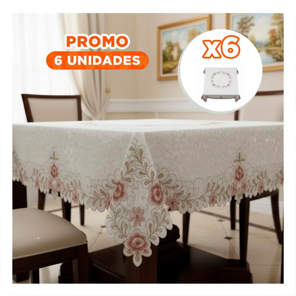 Pack6 Mantel Crema Flores y Hojas Borde Bordado 350x180cm para Mesa Y+Regalo Sticker