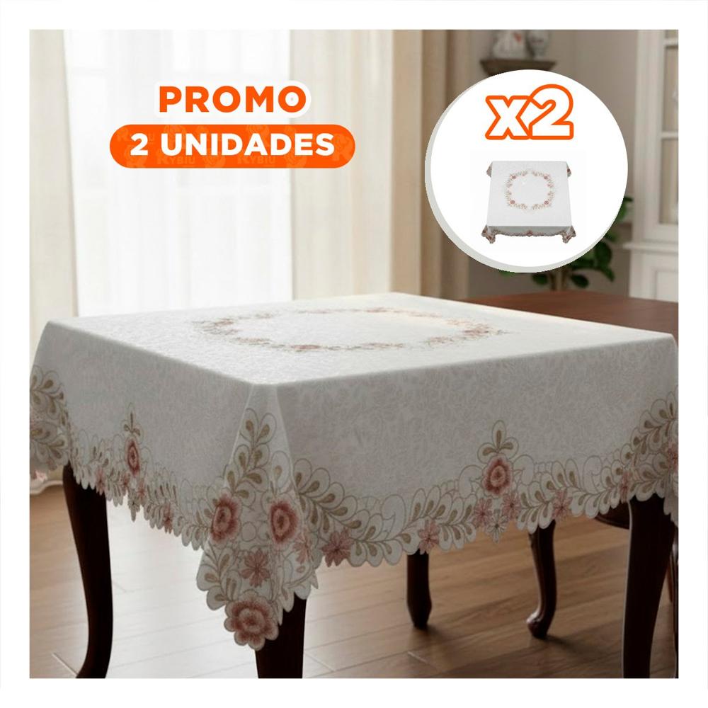 Pack2 Protector de Mesa Borde Bordado Crema Flores y Hojas 350x180cm Y+Regalo Sticker