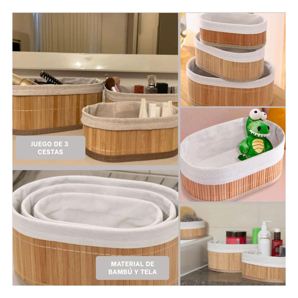 Cestas Decorativas de Bambu y Tela en Juego Practico para Organizacion del Hogar