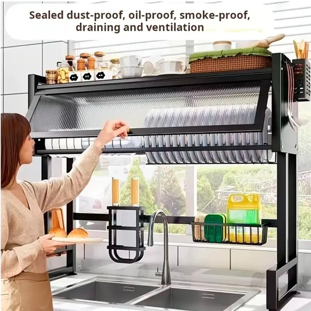 Escurridor de Cocina Negro 85 cm con Tapa Dos Niveles