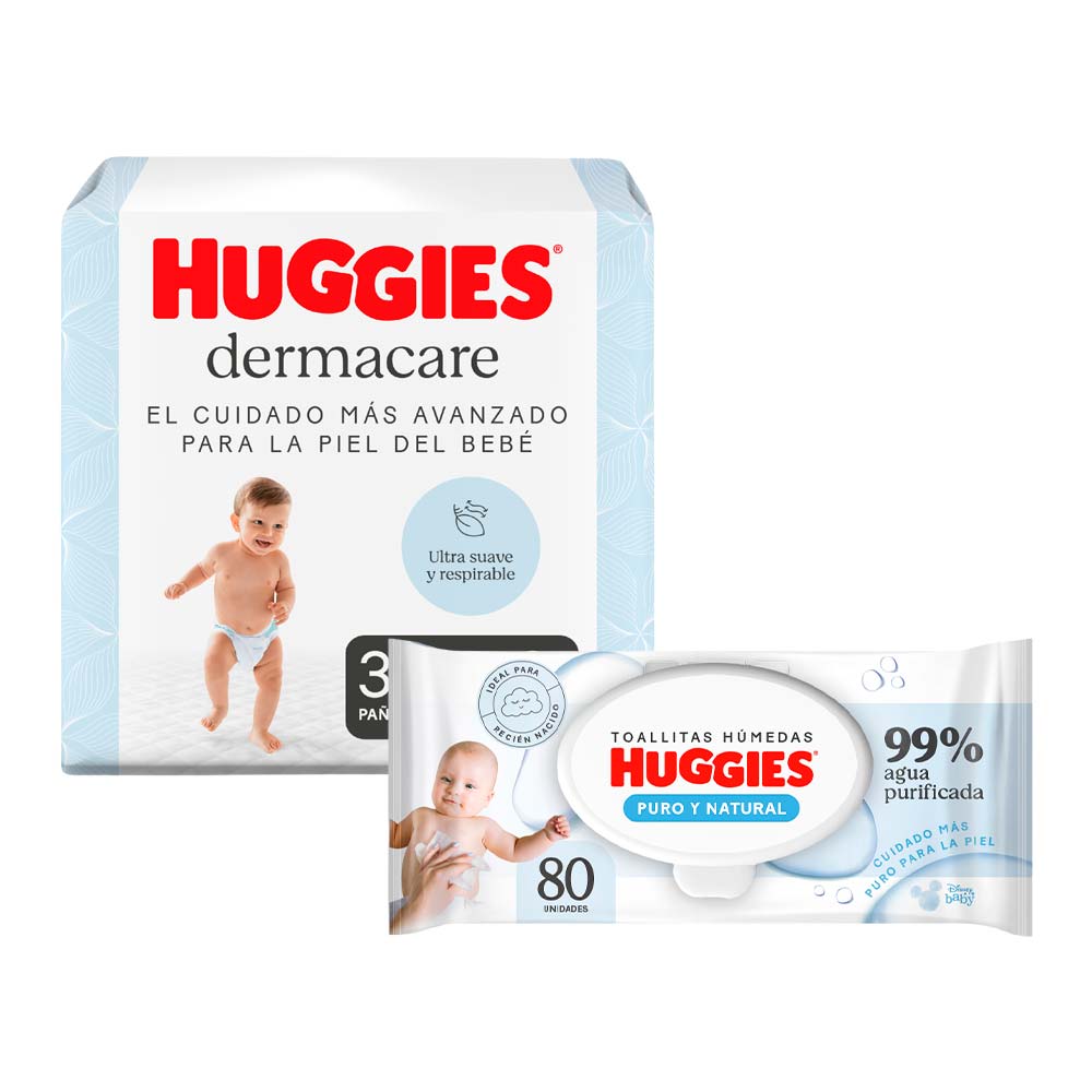 Pack HUGGIES Pañales Dermacare Etapa 4/XG Cuidado Mas Avanzado para la Piel x 38un + Toallitas Húmedas x 80un