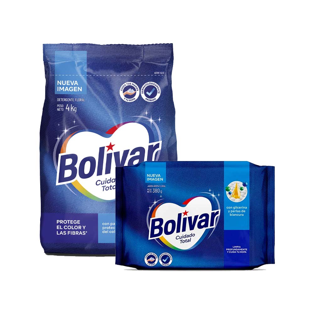 Pack Detergente en Polvo BOLIVAR Cuidado Total Bolsa 4kg + Jabón de Lavar BOLÍVAR Cuidado Total Bolsa 380g