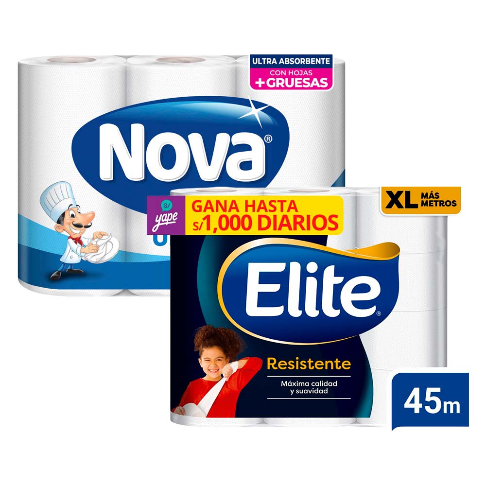 Pack Papel Higiénico ELITE XL Resistente 45mts Paquete 12un + Papel Toalla NOVA Ultra Paquete 3un