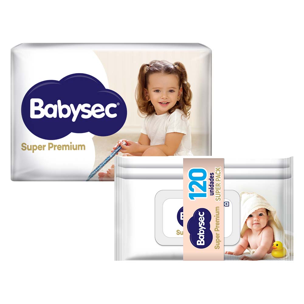 Pack BABYSEC Pañal Super Premium Talla XG x 60un + Toallitas Húmedas Super Premium 8 99% Agua x 120un