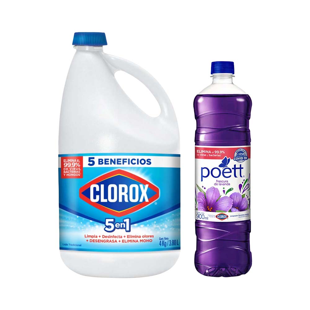 Pack Lejía CLOROX Tradicional Botella 4kg + Limpiador POETT Frescura de Lavanda Botella 900ml
