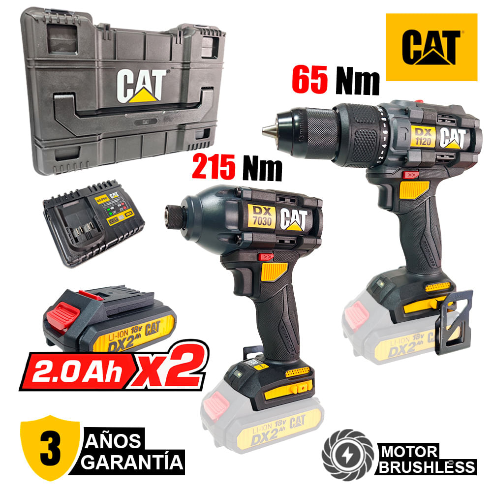 Combo Caterpillar Taladro Percutor 13mm y Atornillador de Impacto 6.5mm  CAT DXK201 Brushless
