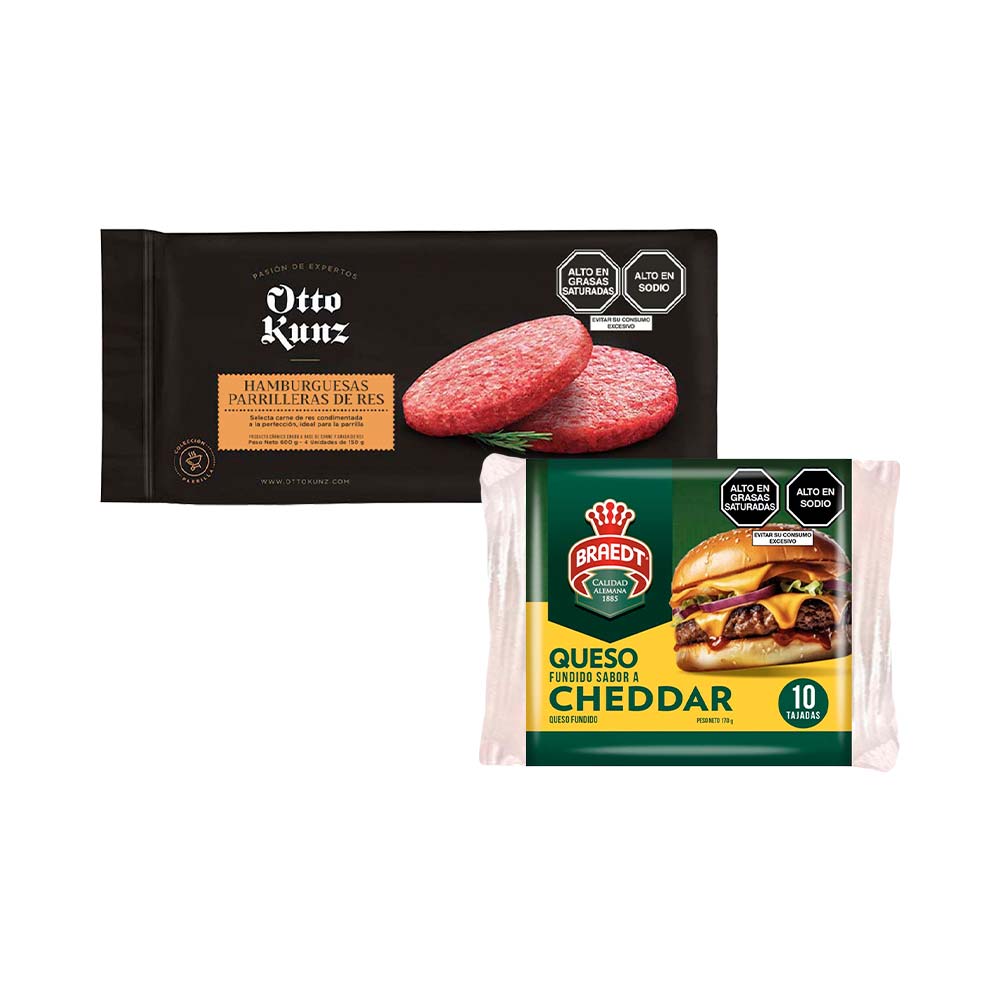 Pack Queso Fundido Cheddar BRAEDT Paquete 170g + Hamburguesa OTTO KUNZ Parrillera de Res Bolsa 4un