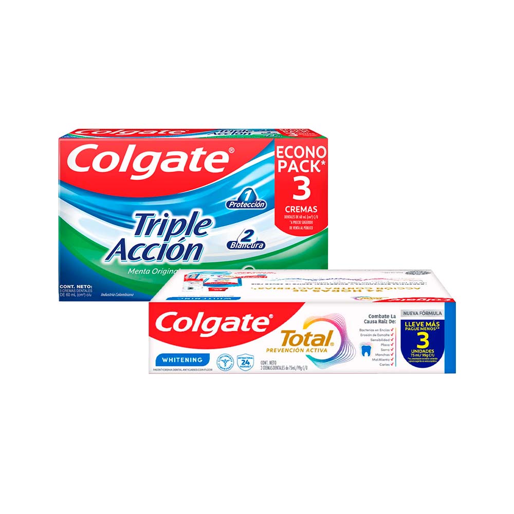 Pack Crema Dental COLGATE TOTAL Whitening Tubo 75ml Paquete 3un + Pasta Dental COLGATE Triple Acción Pack 3x60ml