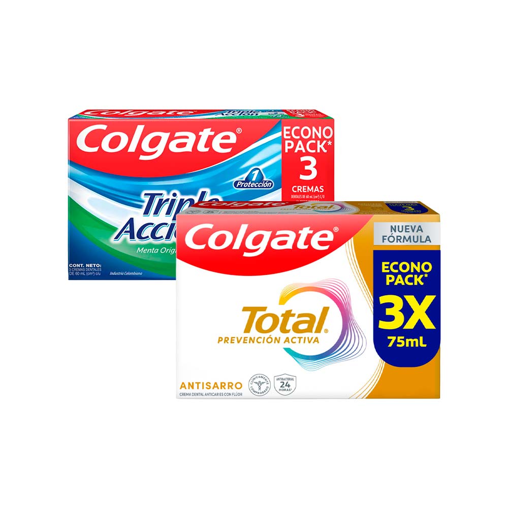 Pack COLGATE: Pasta Dental Triple Acción Pack 3x60ml + Pasta Dental Total Antisarro Prevención Activa 3x75ml