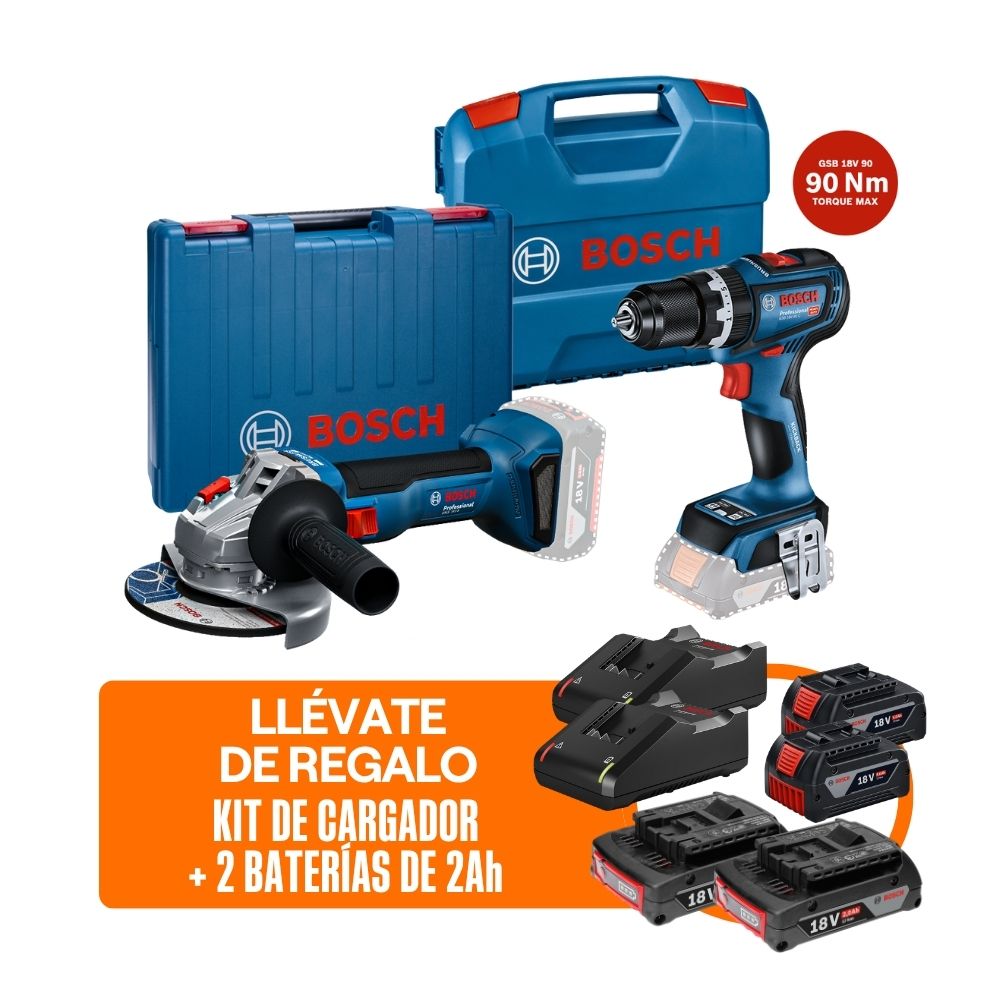 Amoladora GWS 18V-8 + Taladro GSB 18V-90 + Cargador + 2 Baterías 2Ah Bosch