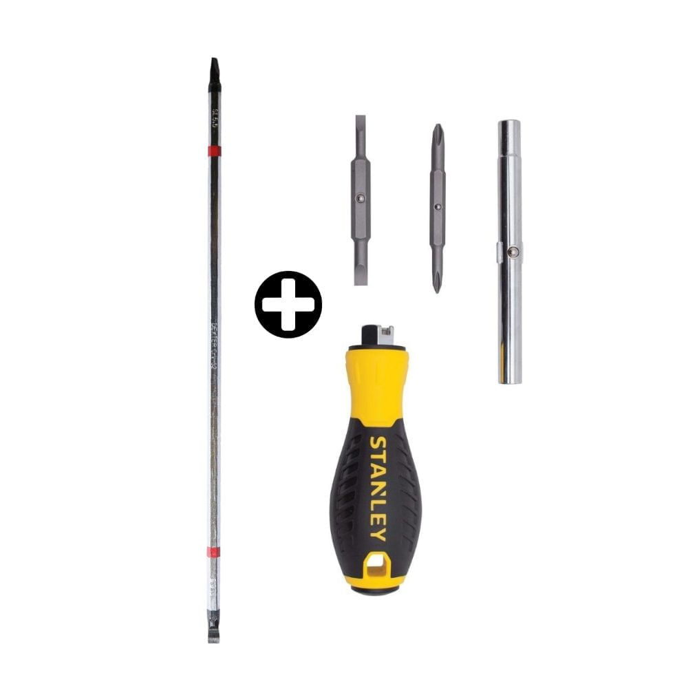COMBO Destornillador 6 en 1 Stanley Modelo 68012 Cromado Amarillo + Punta plana intercambiable 5,5/6,5 Dexter