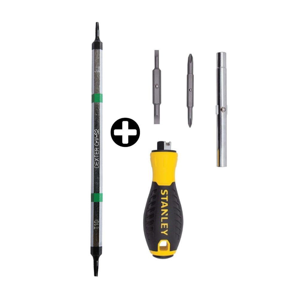 COMBO Destornillador 6 en 1 Stanley Modelo 68012 Cromado Amarillo + Punta torx intercambiable T8/T10 Dexter