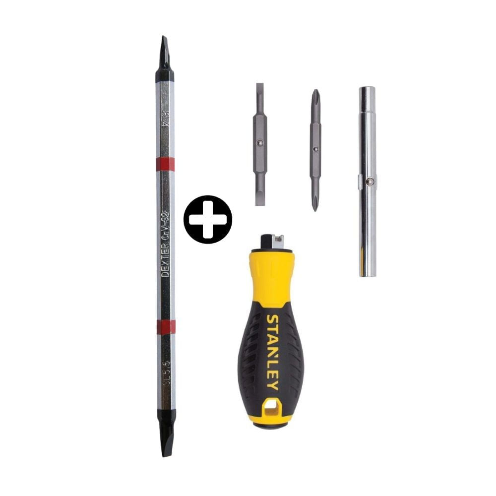 COMBO Destornillador 6 en 1 Stanley Modelo 68012 Cromado Amarillo + Desarmador Dexter Punta Plana Intercambiable 4,0/5,5 Plata