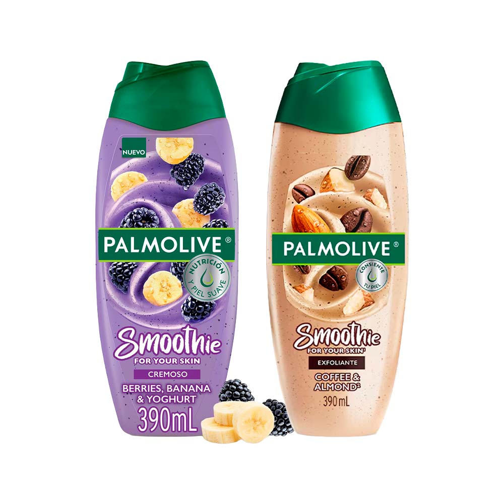 Pack Gel de Ducha PALMOLIVE Smoothie Berries, Banano y Yogurt Botella 390ml + Jabón Líquido Corporal PALMOLIVE Smoothie y Café Botella 390ml