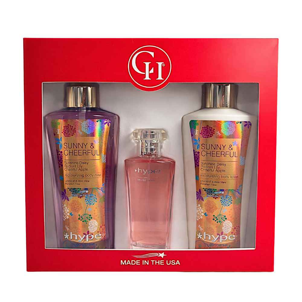 Set Fragancia Trio  Hype Sunny and Cheerful Body Lotion  Body mist y  EDT