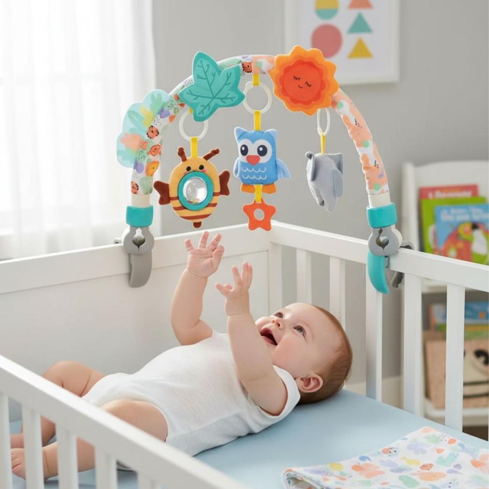 Arco móvil estimulación bebe coche cuna tela diseño Buho