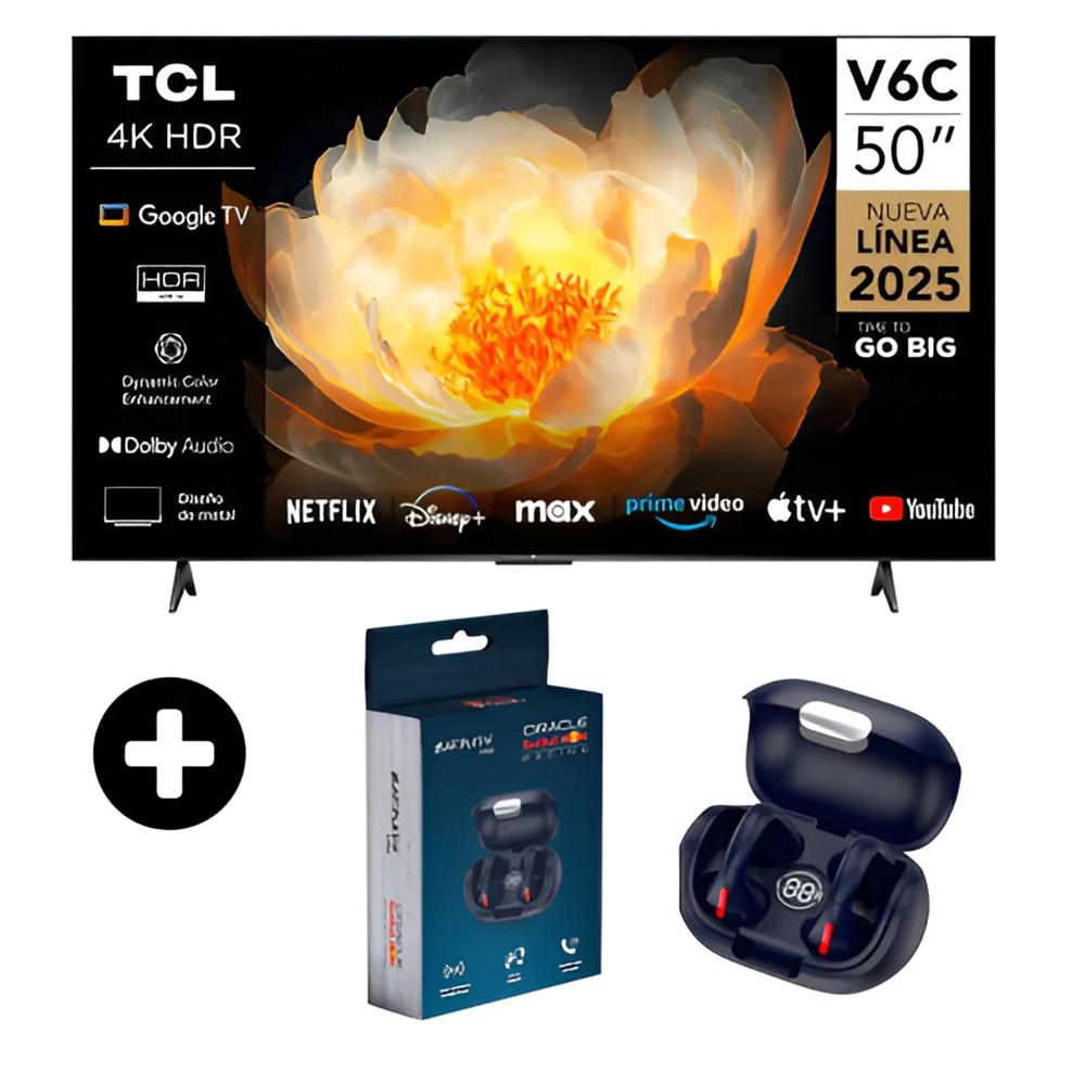 TELEVISOR TCL 50 PULGADAS SMART TV UHD 4K GOOGLE TV 50V6C + AUDIFONOS ORACLE REDBUL EB 170 (COMBO)