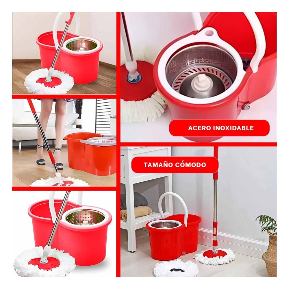 Trapeador Giratorio 360 con Balde Centrifugador Rojo para Limpieza del Hogar