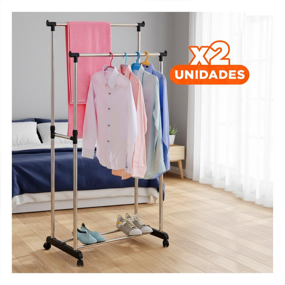 Pack2 Estacion Colgador Doble de Ropa Barra Pequena Plateado Diseno Compacto Y+Regalo Sticker