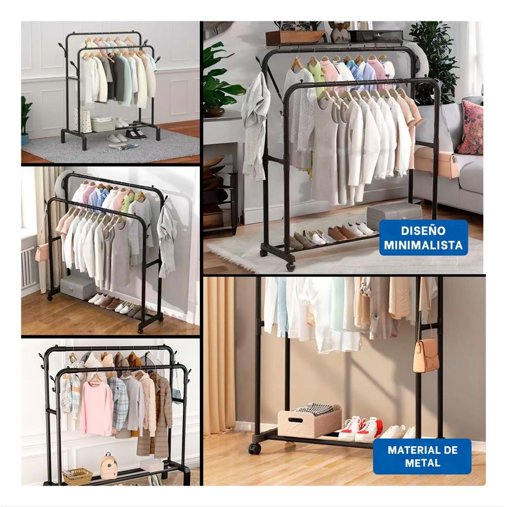 Perchero Estante Colgador Doble con 1 Nivel Inferior Color Negro Funcional