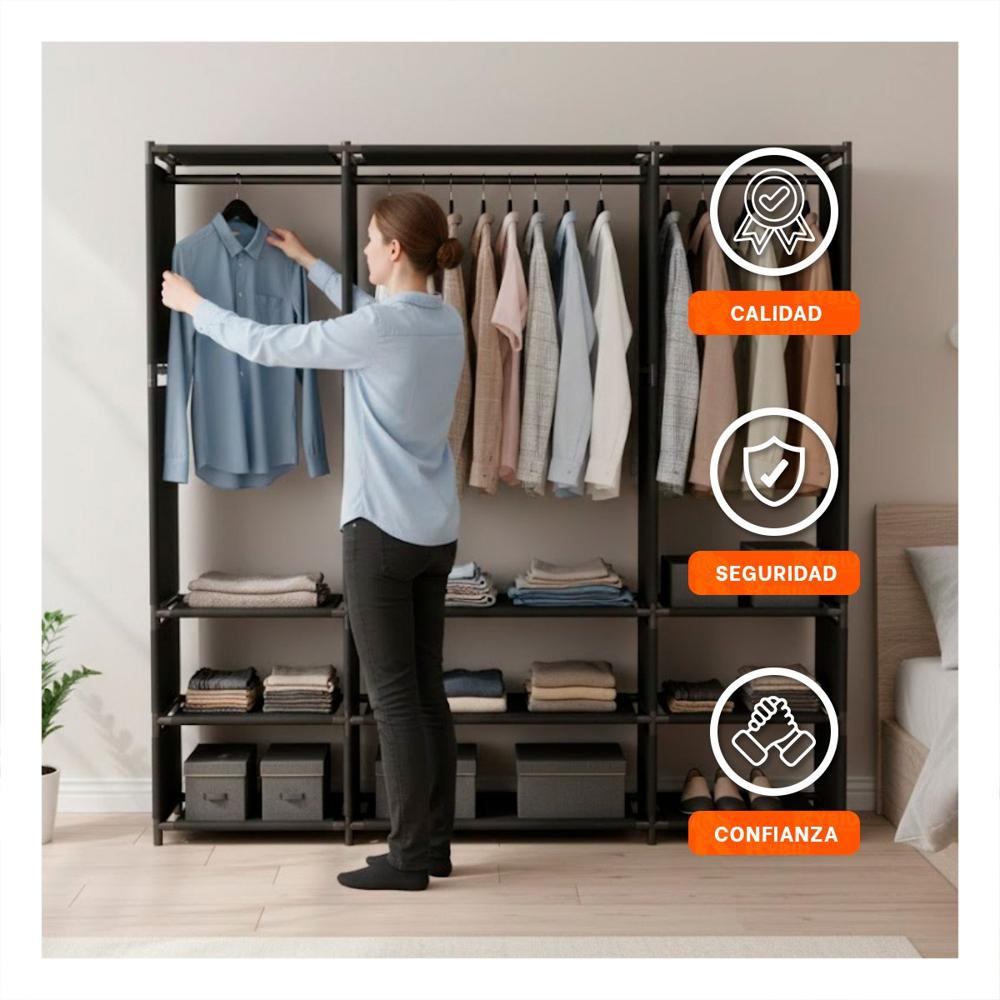 Closet de Ropa Negro Abierto con Compartimientos y Facil Acceso Y+Papel Regalo