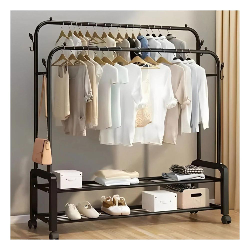 Mueble Compacto con Colgador Doble y Ruedas Negro para Dormitorio Y+Papel Regalo