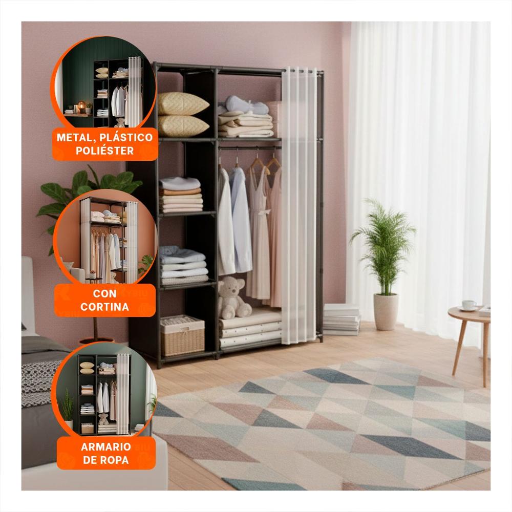 Closet Funcional de Ropa con Cortina Negro Abierto para Cuartos y Sala Y+Post It