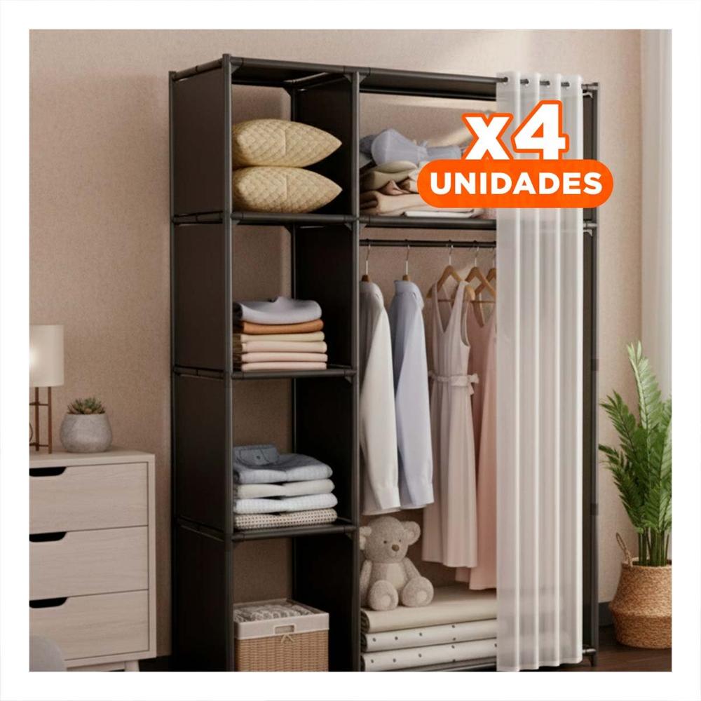 Pack4 Ropero Moderno de Ropa con Cortina Negro Abierto para Mantener Espacios Y+Papel Regalo