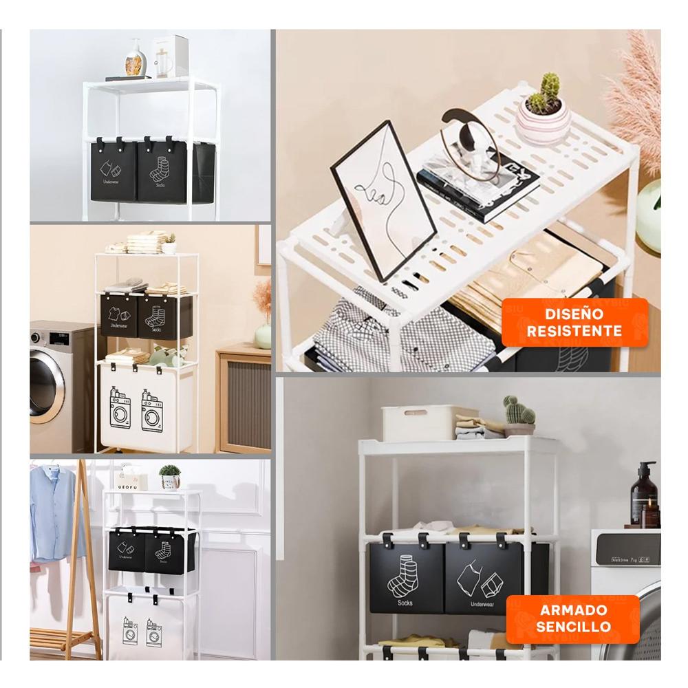 Carro Ropa Sucia 3 Niveles con 3 Cestos para Hogar Color Negro y Blanco