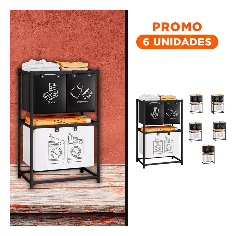 Pack6 Contenedor ropa sucia 2 niveles y 3 cestos para hogar negro y blanco
