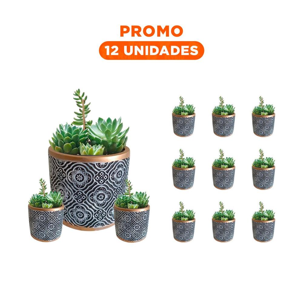 Pack12 Maceta Estilo Cemento 11x10.5cm Negro Blanco y Dorado Mandala Y+Regalo Sticker