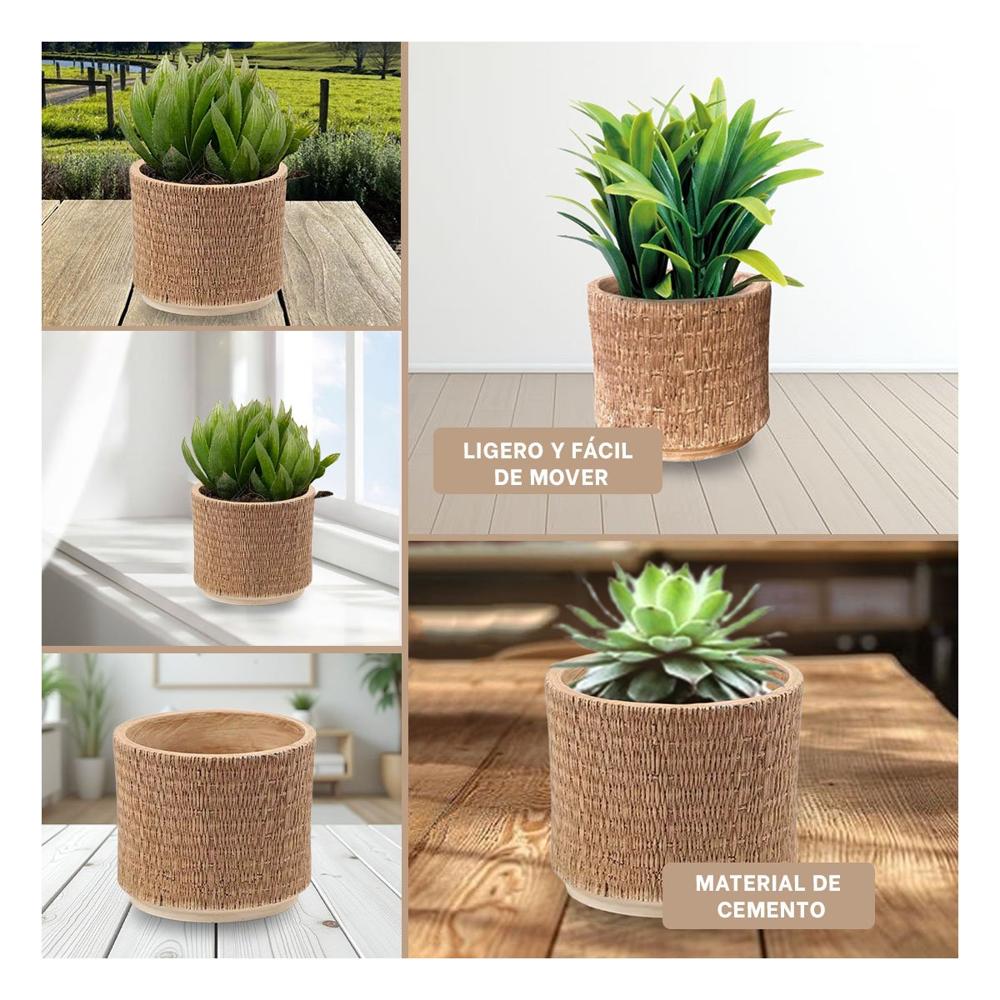 Jardinera Decorativa Cemento 13x13cm Mostaza Tejido Rafia Para Salon