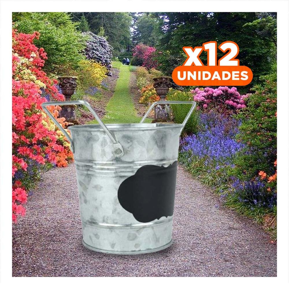 Pack12 Balde Metalico Plateado para Jardin con Doble Asa y Cuadro de Nube