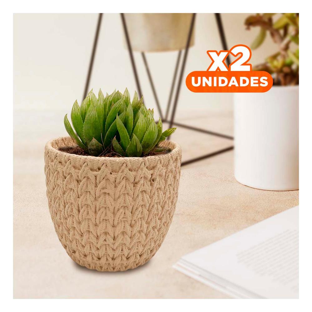 Pack2 Contenedor Cilindrico Curvo Para Plantas Cemento 12x12cm Crema Tejido V Y+Papel Regalo