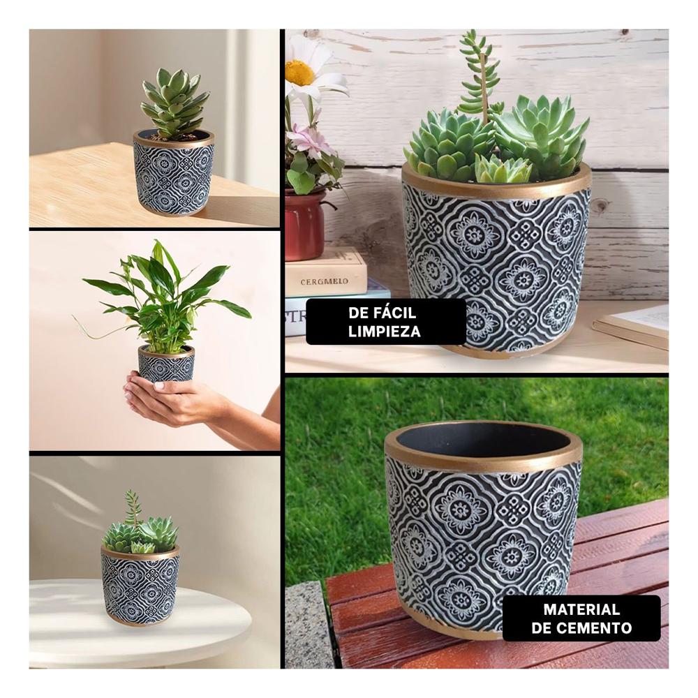 Vasija Moderna Cemento 11x10.5cm Negro Blanco y Dorado Mandala