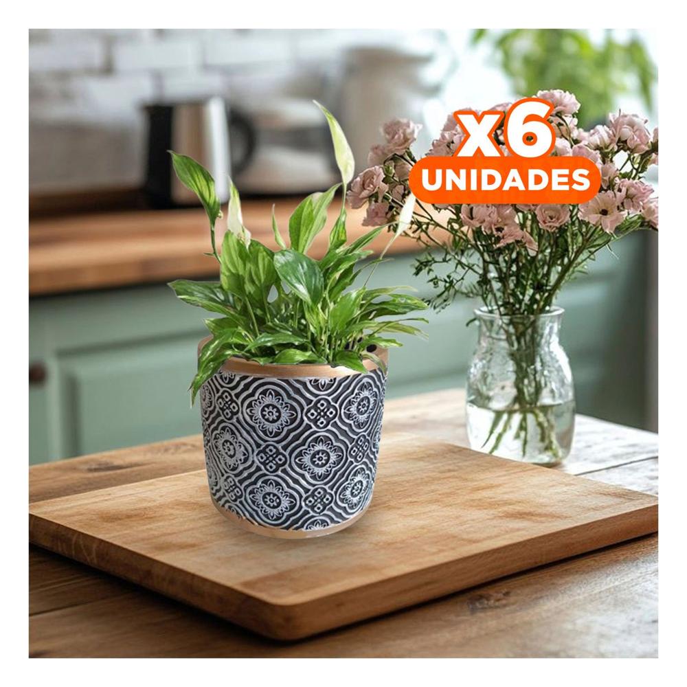 Pack6 Jardinera Hogar Cemento 11x10.5cm Negro Blanco y Dorado Mandala Y+Regalo Sticker
