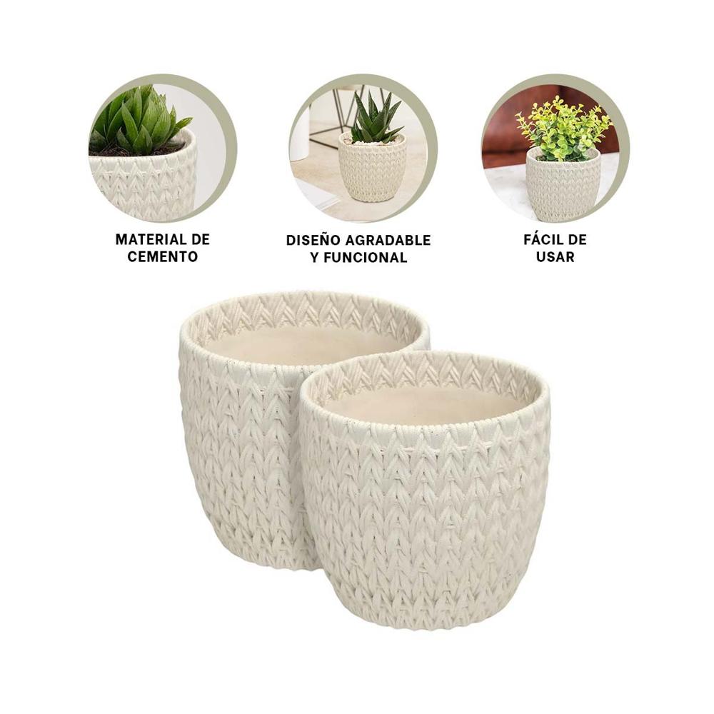 Jardinera Redonda Curvo Cemento 12x12cm Blanco Tejido V Decoracion LED Y+Ligas Regalo