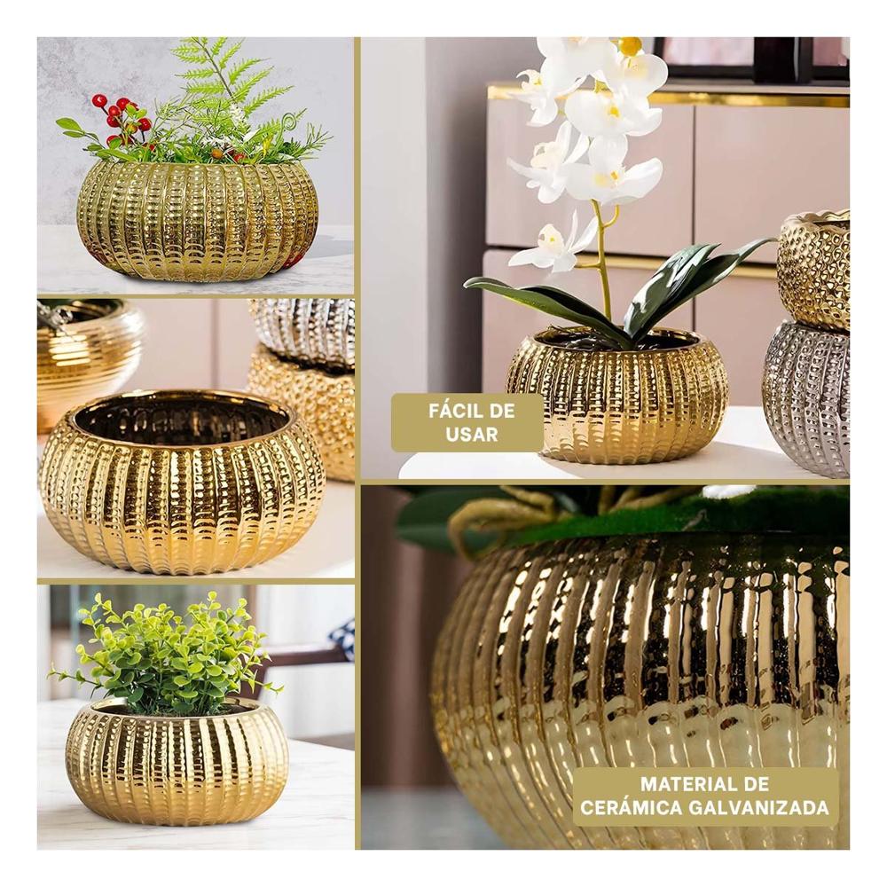 Mesa Cuenco Ceramica Dorado Acanalado Para Plantas Y Sala