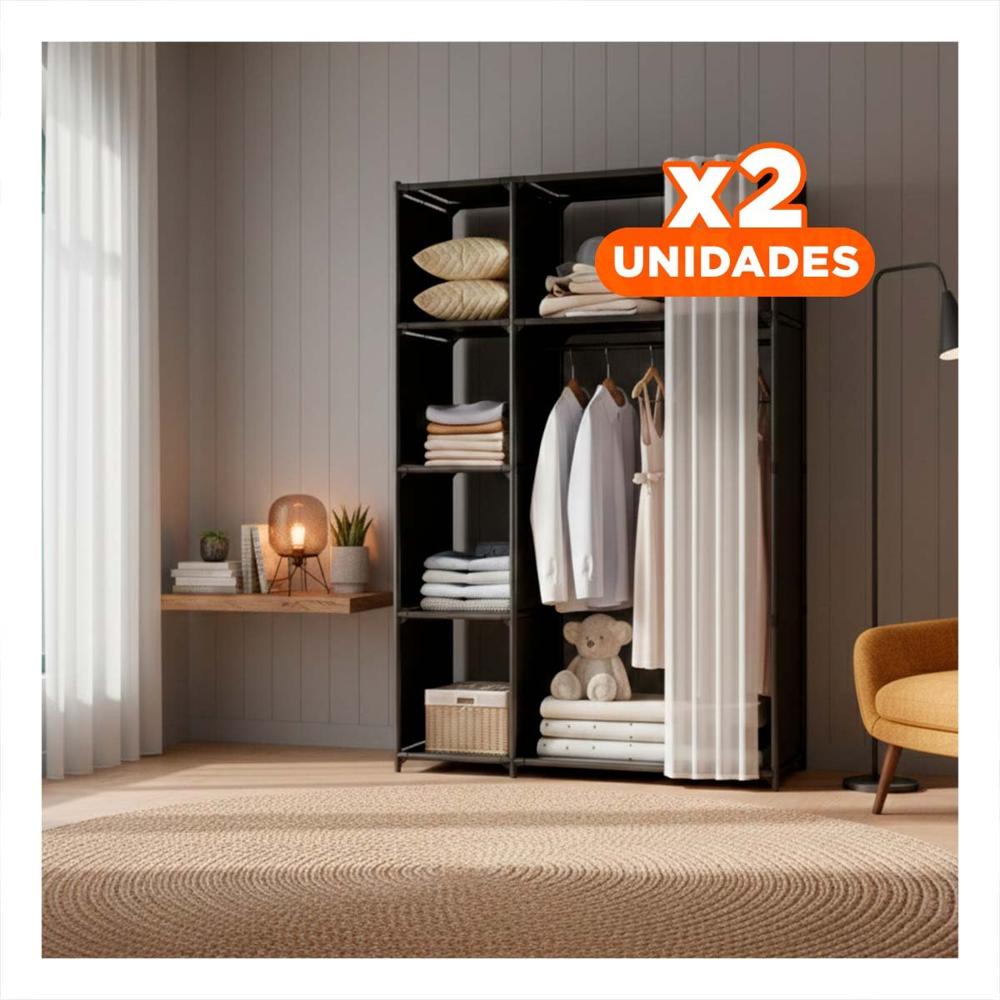 Pack2 Closet Practico de Ropa con Cortina Negro Abierto para Dormitorios Y+Regalo Sticker