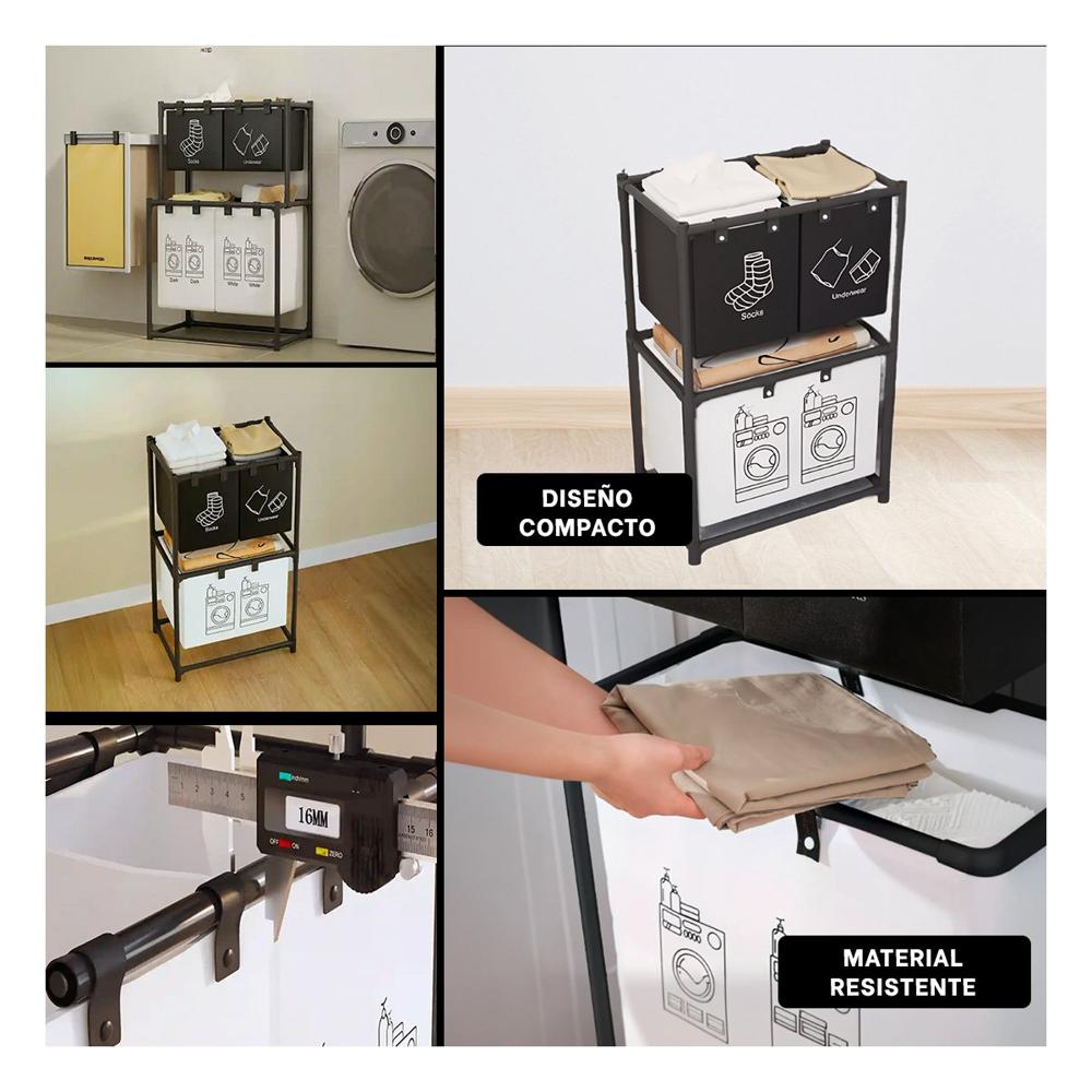 Cesto ropa sucia con 3 cestos 2 niveles negro y blanco