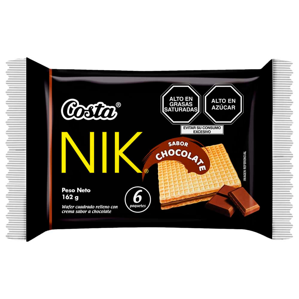 Wafer Cuadrado NIK Relleno con Crema Sabor a Chocolate Paquete 6un