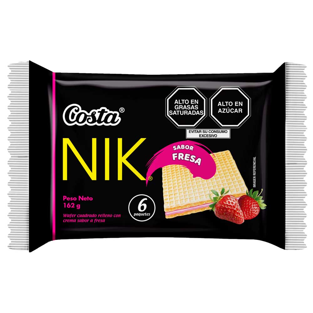 Wafer Cuadrado NIK Relleno con Crema Sabor a Fresa Paquete 6un