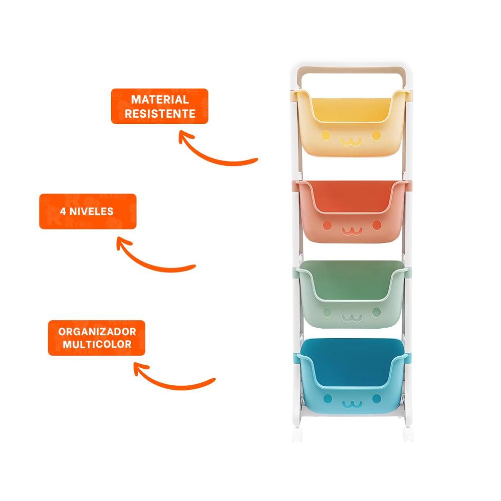 Organizador con Caritas 4 Niveles Practico Verde Celeste Amarillo y Naranja Y+Ligas Regalo