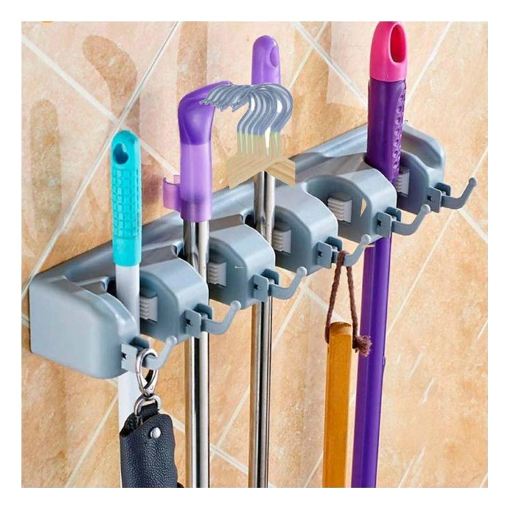 Colgante de Pared para Escobas con 5 Espacios para Hogar Plomo Y+Regalo Sticker