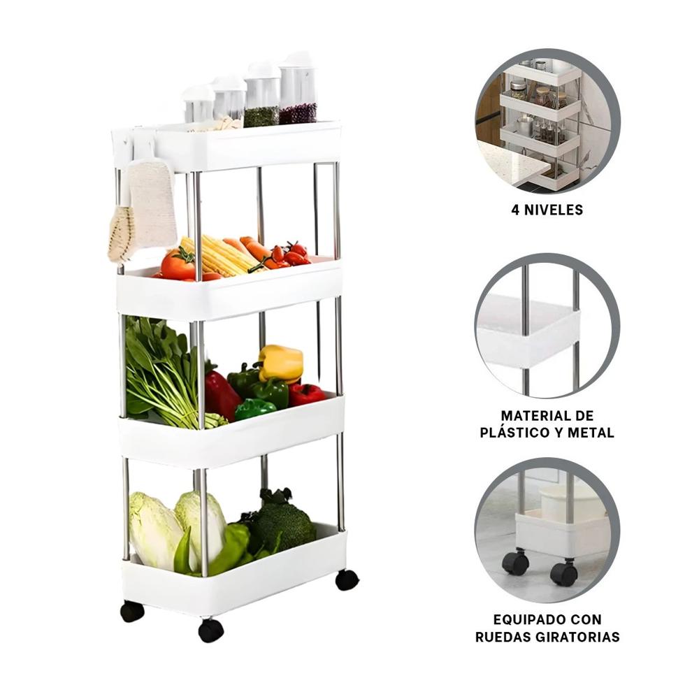Soporte Auxiliar de Cocina 4 Niveles con ruedas Delgado Blanco 90 X 13 X 40 Cm Y+Ligas Regalo