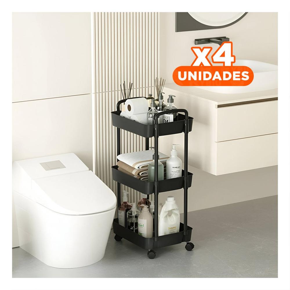 Pack4 Almacenador Funcional 3 Niveles con Ruedas y Asas para Casa Plastico Negro Y+Papel Regalo