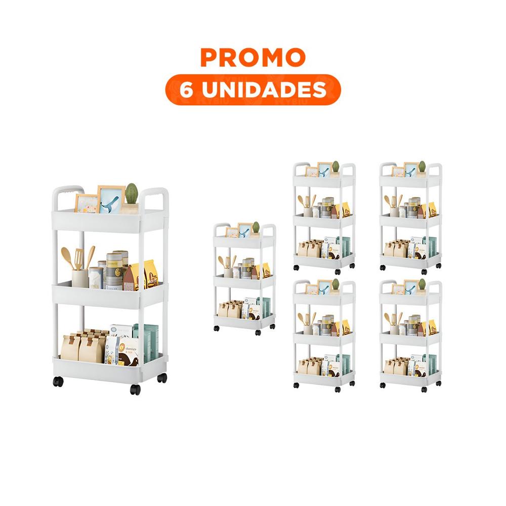 Pack6 Repisa Rodante 3 Niveles con Ruedas y Asas Plastico Blanco Hogar