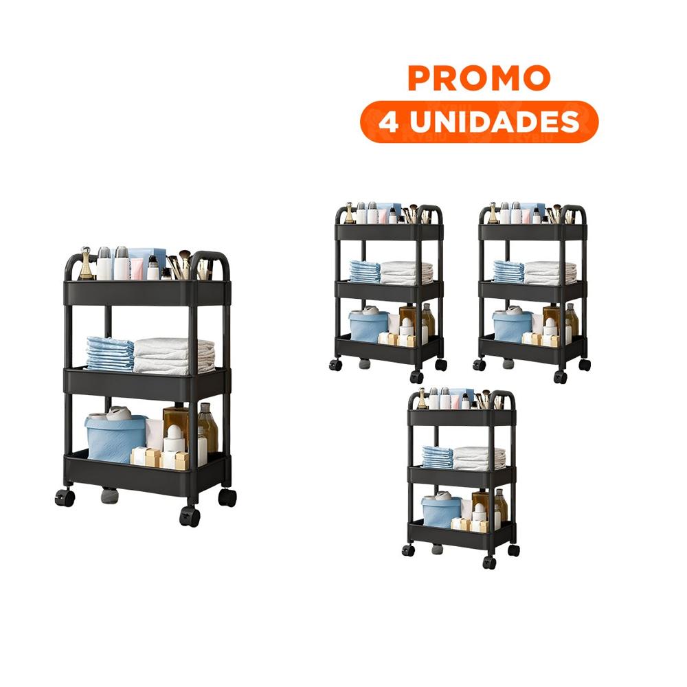 Pack4 Almacenador de Hogar 3 Niveles con Ruedas y Asas Plastico Negro Y+Regalo Sticker
