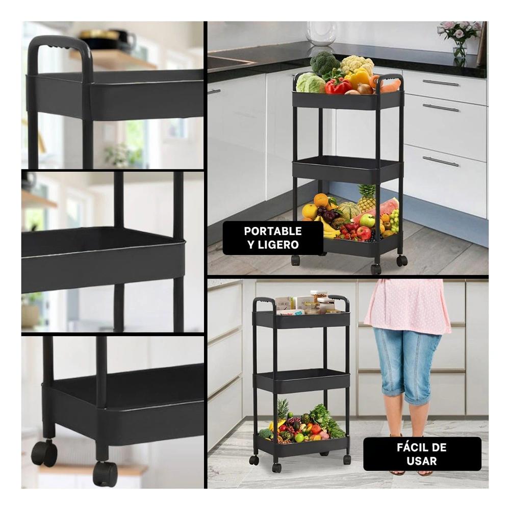 Soporte Movil 3 Niveles con Ruedas y Asas para Organizacion del Hogar Negro